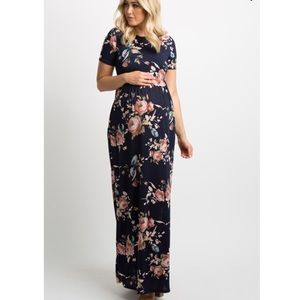 Navy Blue Rose Short Sleeve Maternity Maxi Dress